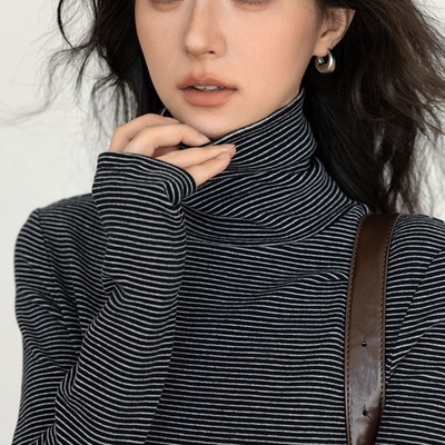 现货叠穿堆堆领条纹显瘦正肩修身