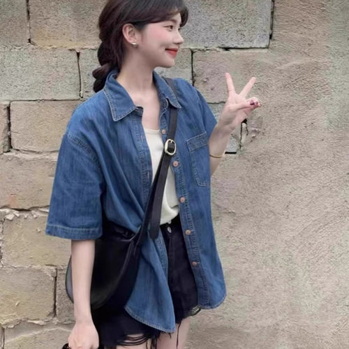 港风复古polo领短袖牛仔衬衫女夏
