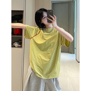 多巴胺色系~韩版速干休闲短袖t恤上衣女宽松撞色插肩袖户外运动衫