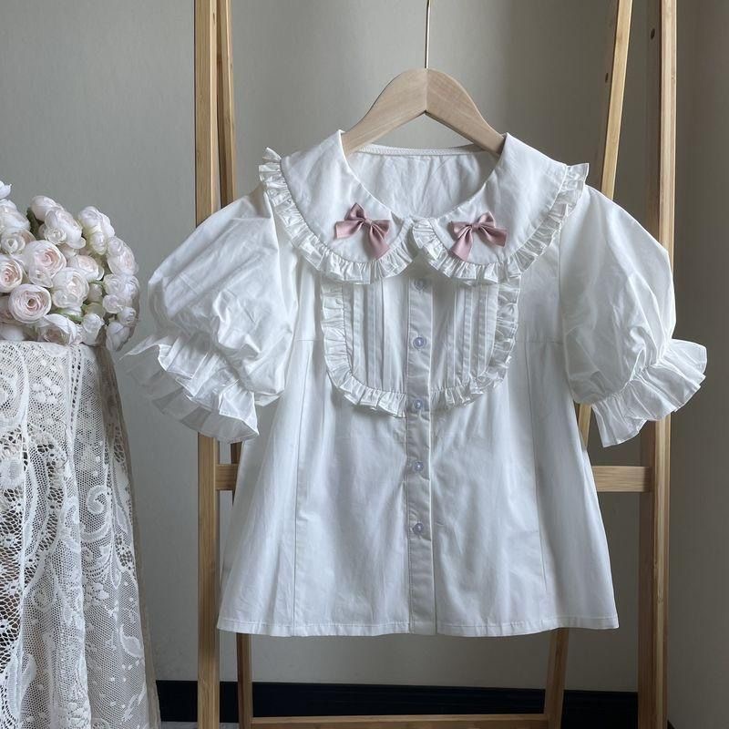 日系Lolita内搭泡泡袖娃娃领中古蕾丝可爱软妹短袖洛丽塔衬衫女
