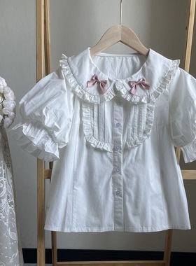 日系Lolita内搭泡泡袖娃娃领中古蕾丝可爱软妹短袖洛丽塔衬衫女
