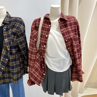 外穿叠穿设计感复古休闲格纹上衣 外套女春秋宽松长袖 港风格 子衬衫