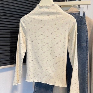 打底森系高领耳边碎花别致长袖 甜美波浪上衣T恤 学生显瘦春秋修身