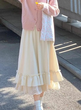 温柔杏色半身裙女秋冬新款a字裙蕾丝蛋糕裙小个子长裙子加厚毛茸