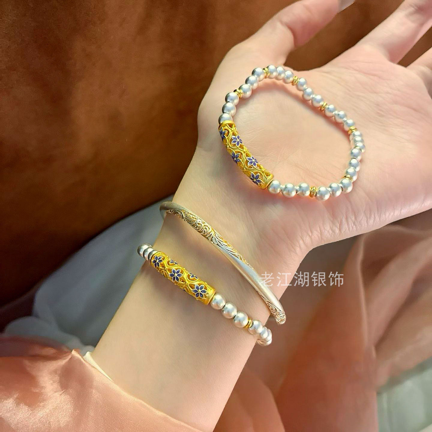 寻桃纯银999古法描金转运珠手链
