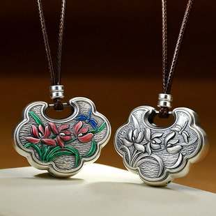 999纯银兰花平安锁宝宝如意长命锁包挂坠女刻字双面银锁儿童吊坠