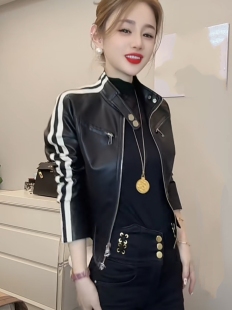 撞色接拼小立领短款 新款 PU水洗皮夹克皮衣潮 2026春装 欧货网红新款
