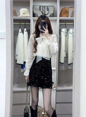 秋季小香风套装裙女2024新款蝴蝶结长袖衬衫上衣配亮片短裙两件套