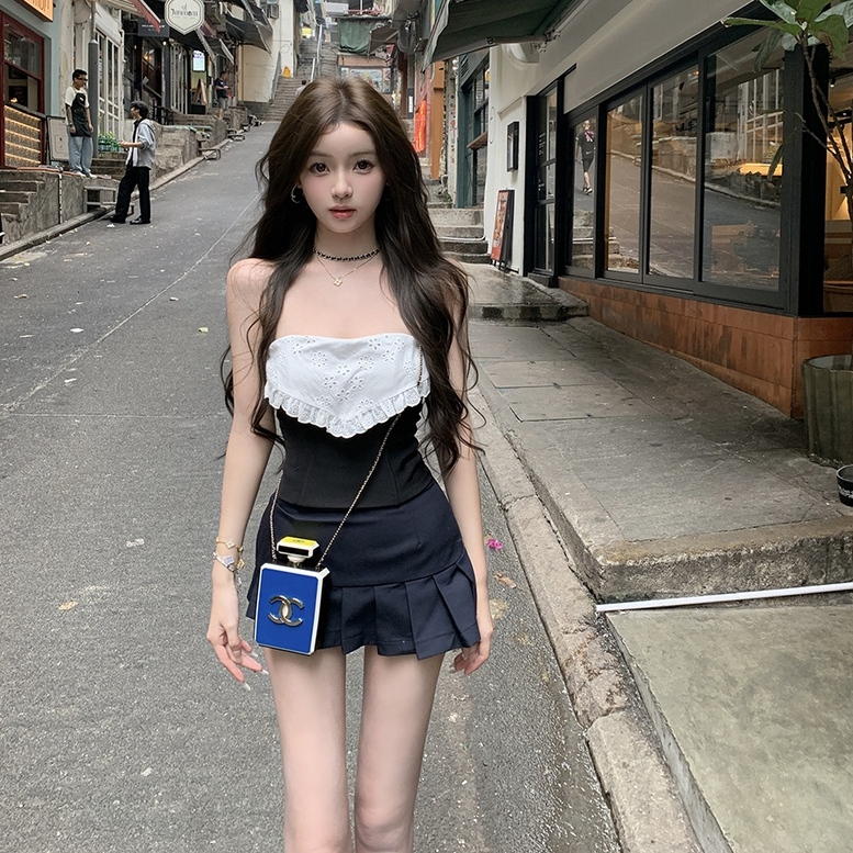 韩系纯欲学院风套装女夏季鱼骨塑形抹胸上衣辣妹高腰百褶裙两件套