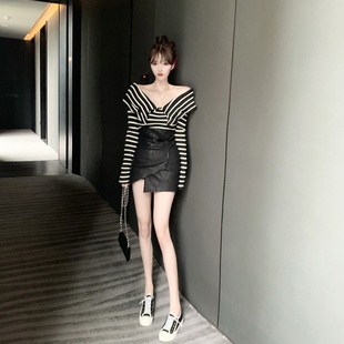 高级感港味V领毛衣半身裙两件套裙子皮裙套装 秋冬不规则2024新款