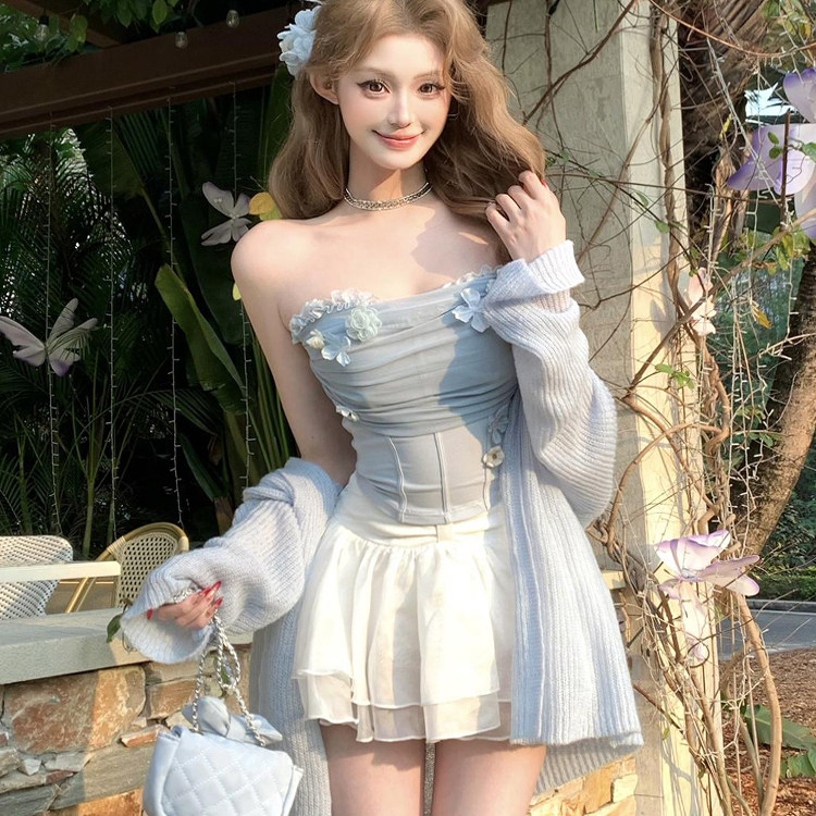 法式立体花朵抹胸上衣女千金感高腰a字蓬蓬裙针织开衫毛衣三件套,女装/女士精品,大码套装,淘宝优惠券,粉丝福利购,淘宝优惠卷