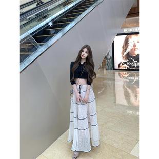 时尚套装黑色中袖T恤上衣女秋季重工蕾丝长裙大摆裙半身裙两件套