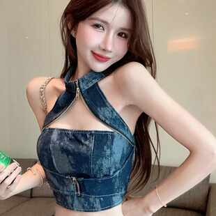 美式辣妹牛仔挂脖吊带小背心女夏装别致拉链外穿抹胸性感无袖上衣