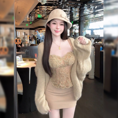 法式气质辣妹修身蕾丝吊带连衣裙针织开衫女装2025秋冬新款两件套