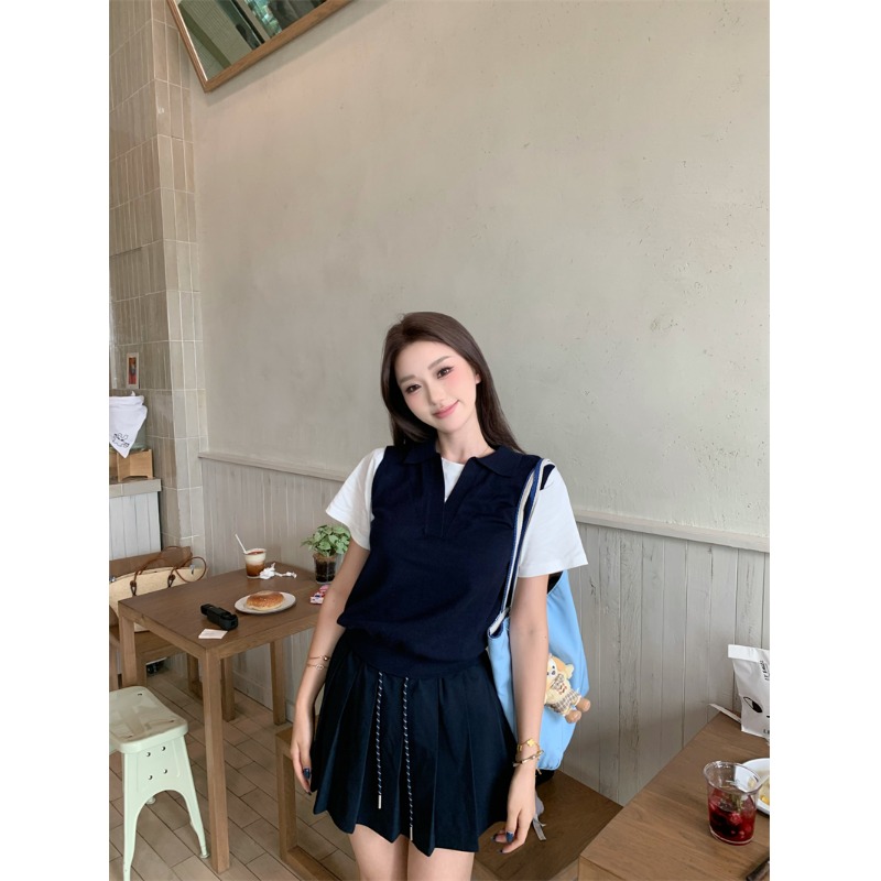学院风套装假两件拼接短袖T恤女夏季百褶半身裙a字短裙时尚两件套