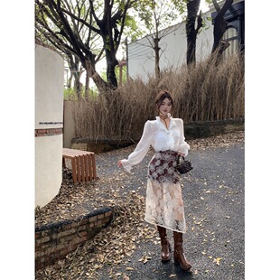 衬衫 长袖 上衣女秋季 时尚 蕾丝钩花半身长裙两件套 法式 套装 白色薄款