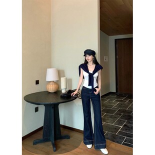 巧克少女性感修身V领正肩短袖T恤女装夏季高腰阔腿裤牛仔裤两件套