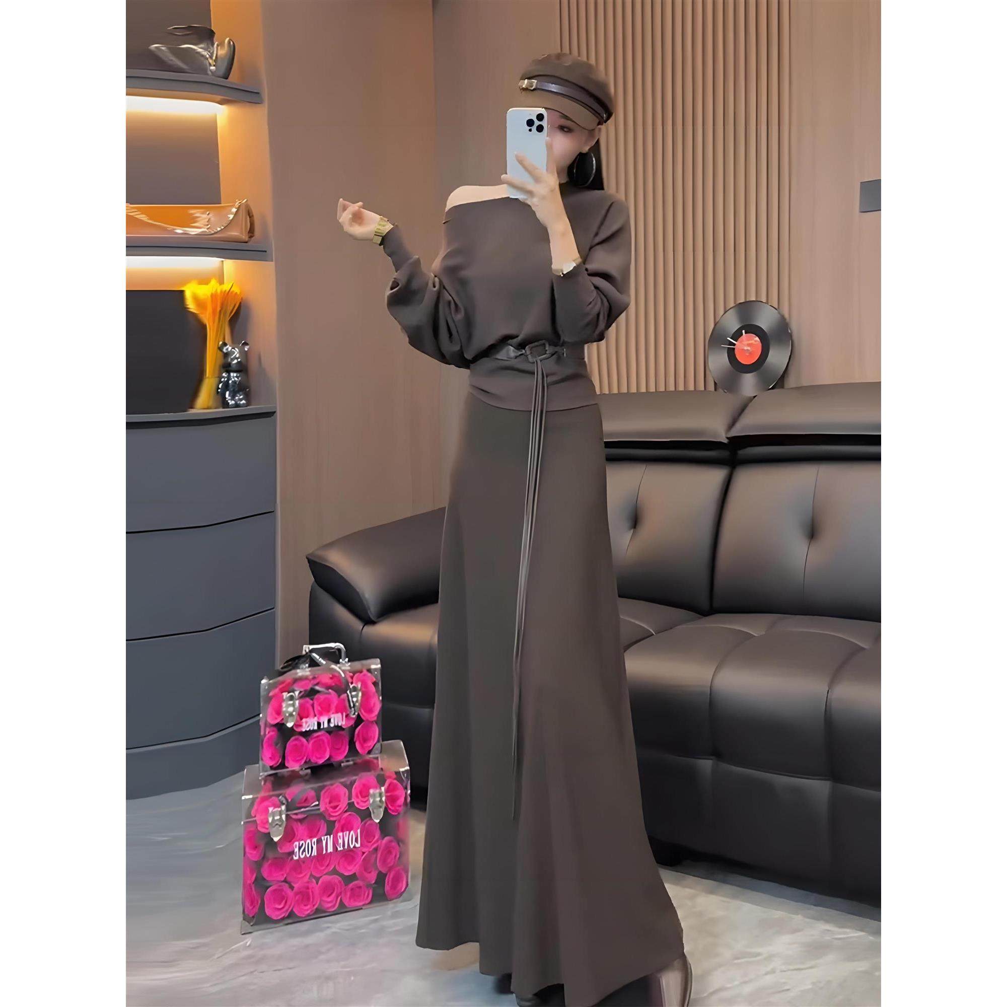 韩系气质露肩长袖T恤套装2025秋季新款高腰显瘦垂感半身裙两件套,女装/女士精品,时尚套装,淘宝优惠券,粉丝福利购,淘宝优惠卷