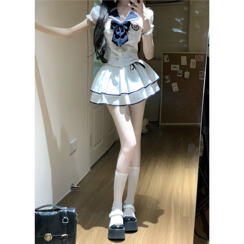 纯欲辣妹套装春夏修身显瘦海军领学院风衬衫上衣+半身短裙两件套