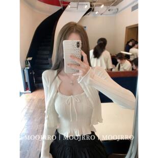 白色小香风套装女早秋纯欲针织吊带上衣高级感长袖防晒开衫两件套