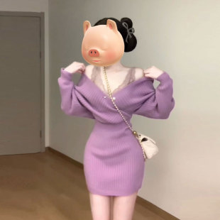 一整套初冬ootd穿搭辣妹性感蕾丝V领内搭吊带针织连衣裙两件套装