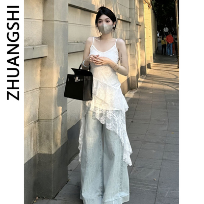纯欲辣妹风不规则下摆开叉背心春夏新款白色修身蕾丝拼接吊带上衣