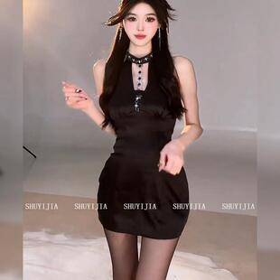 SYJ/舒衣家 微胖mm法式气质名媛镂空挂脖连衣裙女纯欲修身包臀裙
