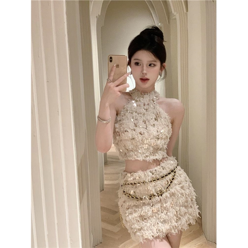 夏季新款小香风辣妹挂脖流苏亮片上衣+包臀高腰半身裙两件套装女