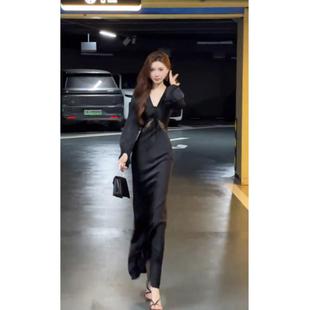 赫本风性感v领长袖连衣裙女镂空腰收腰包臀一步长裙早秋新款女装