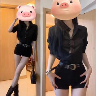 套装女2025春季新款纯欲风辣妹穿搭衬衫上衣高腰显瘦短裤两件套潮