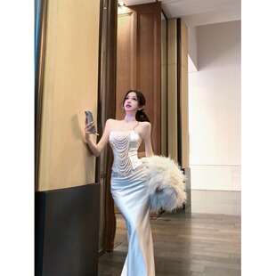 重工钉珠抹胸背心女夏季性感时尚套装缎面包臀鱼尾半身长裙两件套