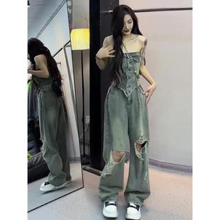 女时尚 夏季 两件套装 洋气减龄炸街酷飒拽姐辣妹牛仔阔腿裤 2024新款