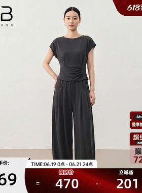 谷邦灰色收腰短袖T恤上衣阔腿裤两件套女2026夏季新款显瘦休闲裤
