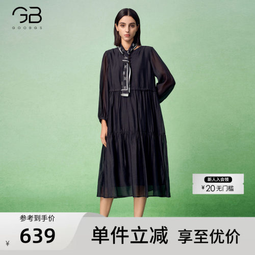 谷邦气质黑色长袖连衣裙女