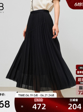 谷邦复古风琴褶百褶半身裙女2026夏季新款黑色高腰A字中长伞裙子