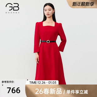 气质显瘦收腰中长A字裙子 新款 谷邦红色方领长袖 连衣裙女2026春季