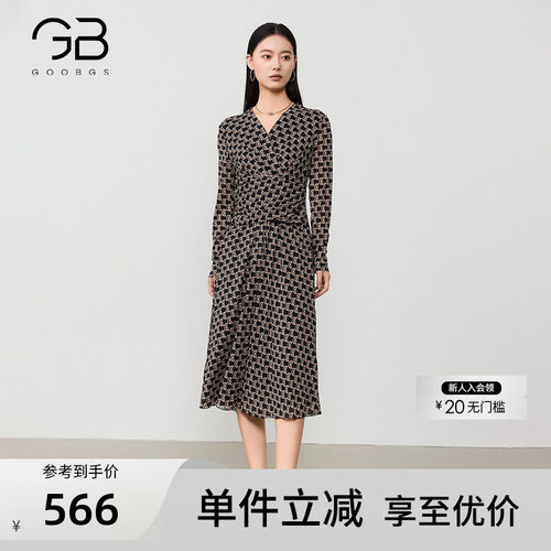 谷邦复古印花V领长袖连衣裙女