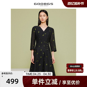 谷邦V领黑色印花连衣裙春秋新款法式休闲设计感宽松式茶歇中长裙