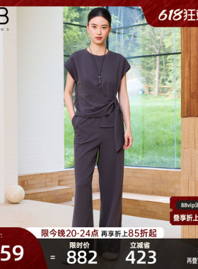 谷邦灰色法式气质短袖上衣阔腿裤套装女2026夏季新款设计感两件套