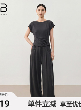 谷邦灰色收腰短袖T恤上衣阔腿裤两件套女2026夏季新款显瘦休闲裤