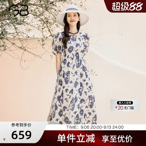 谷邦设计感印花短袖连衣裙