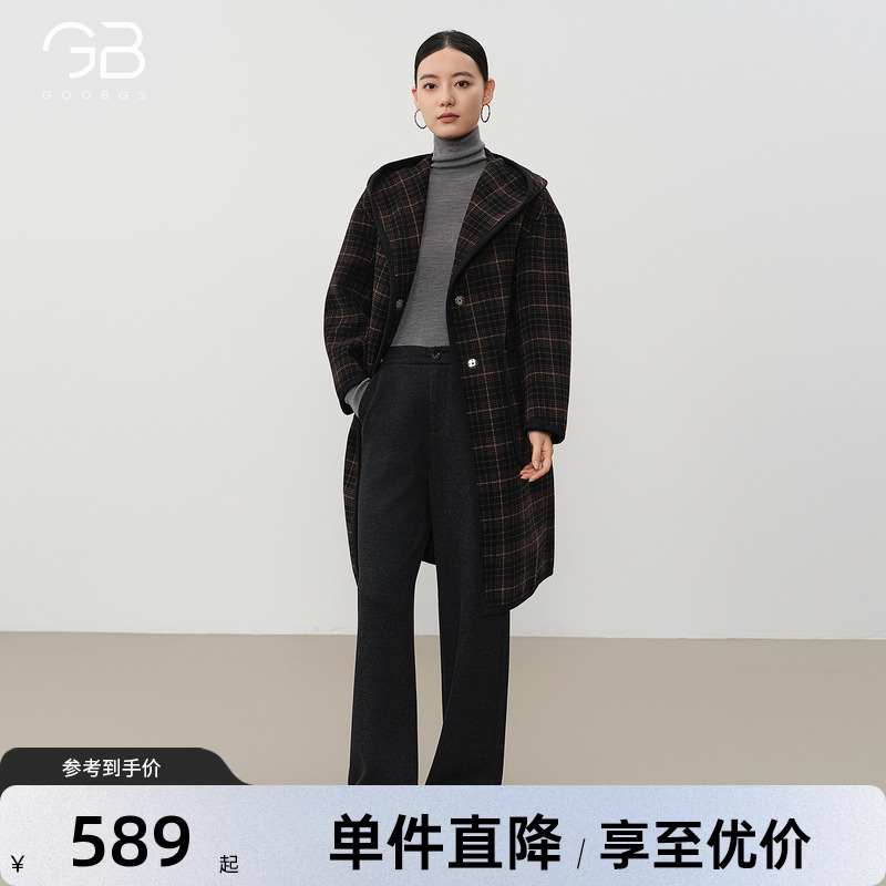 谷邦绵羊毛连帽格纹毛呢外套女