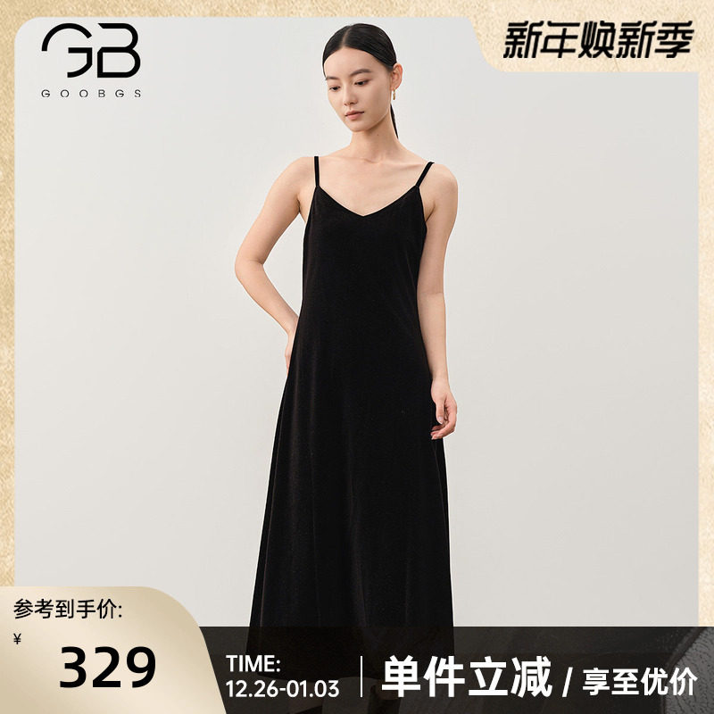谷邦丝绒吊带连衣裙女2025秋冬新款气质显瘦高级感无袖中长款裙子
