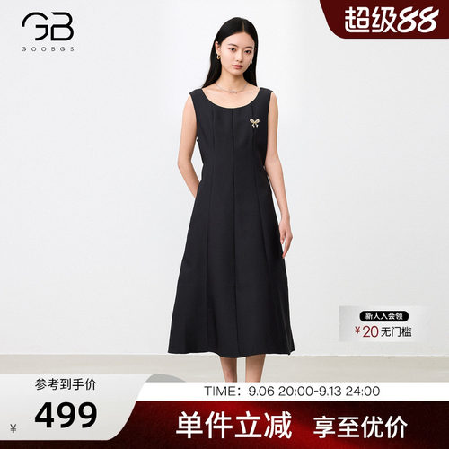 谷邦收腰显瘦黑色无袖连衣裙女