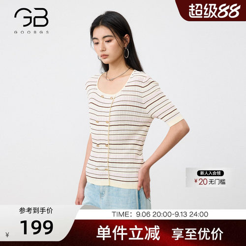 谷邦复古条纹短袖针织衫女