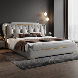 现代简约意式轻奢真皮床双人床主卧2米x2米大床1.8米婚床极简皮床