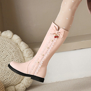 甜美蕾丝蝴蝶结女靴子低跟防滑圆头大童小码骑士靴学生百搭中筒靴