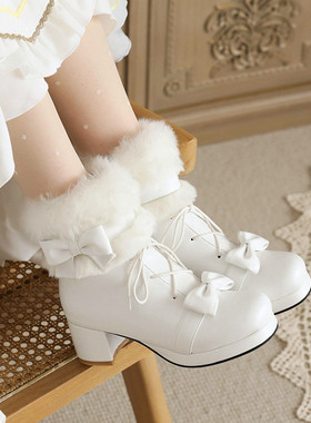 秋冬新款甜美蝴蝶结短靴子时尚粗跟圆头女鞋白色加绒Lolita马丁靴