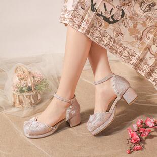 国风新中式汉服旗袍配马面裙女鞋厚底防水台一字带大码包头女凉鞋