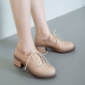 32少女单鞋 英伦复古文艺粗跟系带布洛克女鞋 子圆头中跟学生大小码